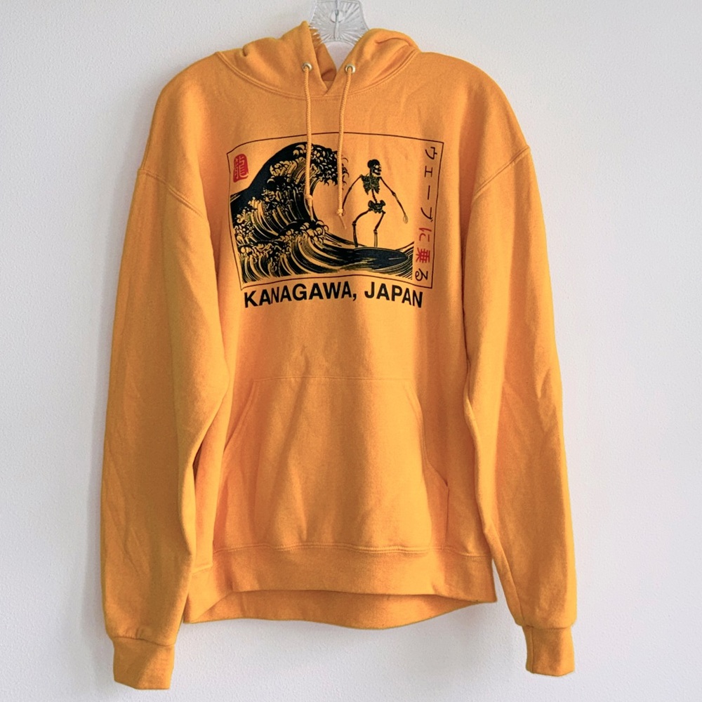 Bowery Supply Co Men’s Graphic Hooded Sweatshirt Yellow Size M Skeleton Surf